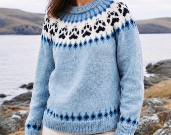 Maglione islandese in lana con impronta di zampa, lavorato a mano Lettlopi Lopapeysa, maglione scandinavo Fair Isle, pullover in stile norvegese, regalo per amanti dei cani