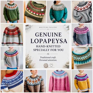 May include: A collage of hand-knitted jumpers featuring intricate geometric and nature-inspired patterns in various colours. The centre text reads: KNITTING.TALLINN GENUINE LOPAPEYSA HAND-KNITTED SPECIALLY FOR YOU. Traditional craft. Personal attention.