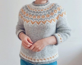 Ready to Ship-Icelandic Sweater RIDDARI Nordic Wool Hand Knit Ski Jumper Norwegian Lopapeysa Scandinavian  Fair Isle Warm Pullover-Size S