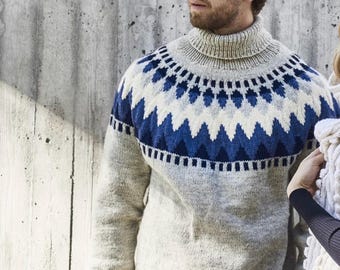 Men's Icelandic Turtleneck Sweater Hand Knit Scandinavian Grey Nordic Wool Fair Isle Lopapeysa Norway Norwegian Sweater for Men Gift for Him