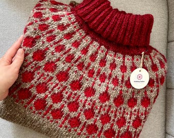 Icelandic Sweater LINGONBERRY Womens Brown Turtleneck Jumper Wool Fair Isle Lopapeysa Nordic Norwegian Hand Knit Scandinavian Gift for Her