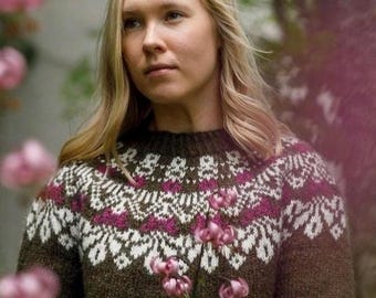 Icelandic Sweater Womens Autumn Dark Olive Green Jumper Floral Fair Isle Norwegian Lopi Fall Pullover Nordic Wool Scandinavian Lopapeysa