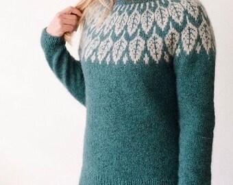 Fair Isle Style Pullover ARBOREAL~Icelandic Wool Sweater~Scandinavian Style Leaf Jumper~Nordic Pure Wool Lopapeysa-Sweater for Nature Lovers