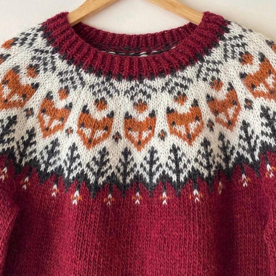 Hand Knit Fox Sweater, Icelandic Léttlopi Wool, Red Nordic Fair Isle Pullover