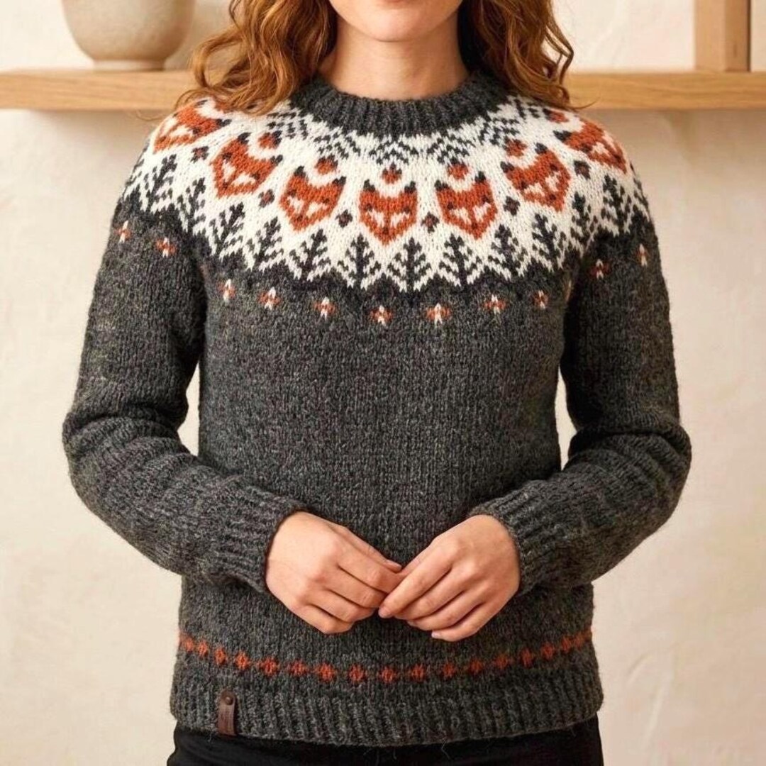 Old Fashion！ independent ロンT Lサイズ Fox Icelandic Wool Sweater, Norwegian Hand Knit Lettlopi Lopapeysa
