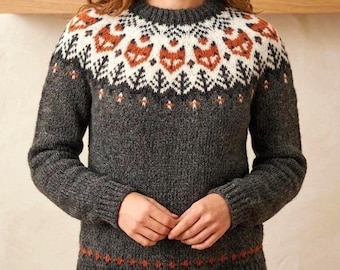 Fox Icelandic Wool Sweater, Norwegian Hand Knit Lettlopi Lopapeysa