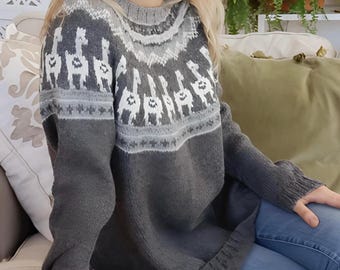 Icelandic Sweater ALPACA Womens Gray Scandinavian Lopi Wool Lopapeysa Nordic Fair Isle Pullover Lama Norway Hand Knit Jumper Gift for Her