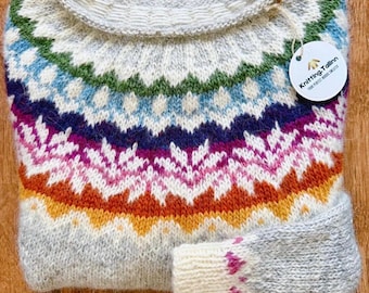 Icelandic Lopapeysa AFMAELI Womens Jumper Fair Isle Floral Nordic Wool Hand Knit Pullover Iceland Lopi Scandinavian Gift Norwegian Sweater