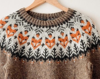 Womens Jumper FOX Icelandic Sweater Brown Eco Wool Nordic Hand knit Fair Isle Pullover Norway Gift for Fox Lovers Eco Friendly Gift