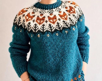 Fox Icelandic Wool Sweater, Hand Knit Lettlopi Women’s Lopapeysa, Nordic Fair Isle Custom Jumper, Lagoon Green