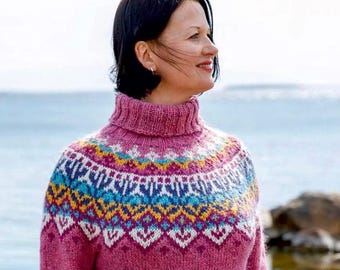 Pink Nordic Sweater SIRIUS Womens Icelandic Wool Turtleneck Lopapeysa Scandinavian Norway Pullover Fair Isle Jumper Norwegian Gift for Her