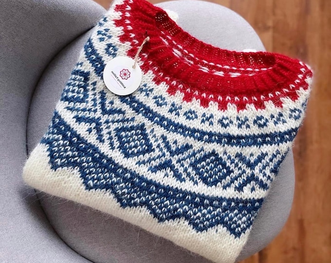 Featured listing image: Ready to Ship Size S MARIUS Norwegian Womens Nordic Hand Knit White Sweater Icelandic Wool Lopapeysa Fair Isle Norway Scandinavian Pullover