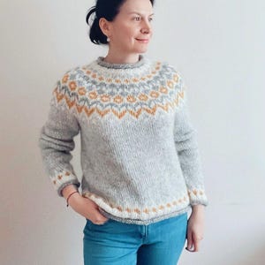 Icelandic Sweater RIDDARI Womens Nordic Light Grey Wool Scandinavian Hand Knit Lopapeysa Fair Isle Lopi Jumper Norwegian Pullover Gift