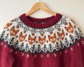 Garnet Red FOX Icelandic Sweater Eco Pure Wool Nordic Hand Knit Fair Isle Norwegian Pullover Norway Womens  Jumper Gift for Fox Lovers