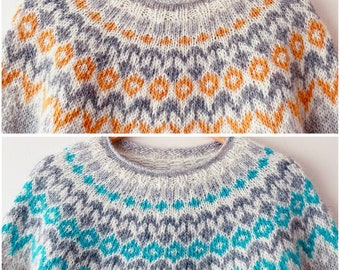 Made to Order-Lopapeysa Icelandic Sweater RIDDARI Gray Nordic Warm Pure Wool Fair Isle Pullover Hand knit Scandinavian Outdoor Nature Jumpe