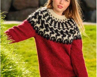 Christmas Icelandic Sweater REINDEER Wool Norwegian Lopapeysa Nordic Fair Isle Pullover Norway Hand Knit Sweater Scandinavian Gift for Wife