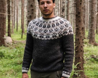 Icelandic Sweater for Men Hand Knit Norwegian Lopi Jumper Nordic Pure Wool Lopapeysa SLÓDIR Norway Camping Fair Isle Pullover Gift for Him