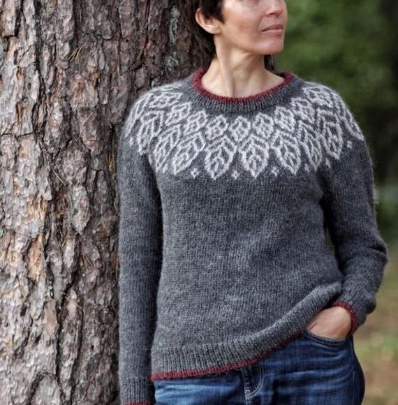 Womens Dark Grey Icelandic Sweater FOREST Fair Isle Lopi Eco Wool
