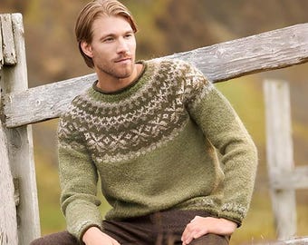 Icelandic Sweater for Men Hand Knit Fair Isle Nordic Lopi Wool Lopapeysa Scandinavian Norway Camping Norwegian Sweater for Men Gift for Him
