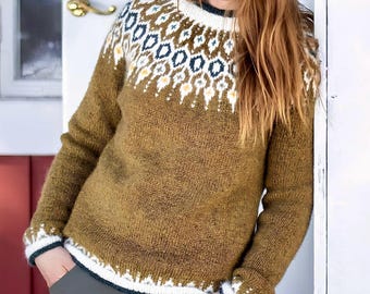 Icelandic Fair Isle Sweater TELJA Womens Jumper Golden  Eco Wool Pullover Nordic Lopi Hand knit Scandinavian Lopapeysa Norwegian Sweater