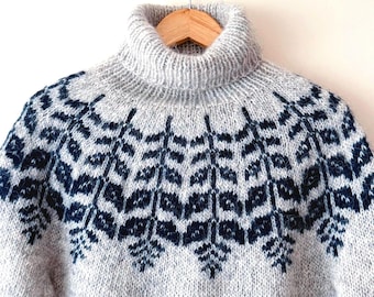 Light Grey Icelandic Sweater KRISTTJØRN Turtleneck Wool Fair Isle Nordic Pullover Hand Knit Scandinavian Norwegian Floral Gift Lopapeysa