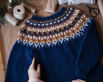 Christmas Icelandic Sweater AATTO Womens Nordic Blue Lopapeysa Norway Lettlopi Norwegian Wool Pullover Hand knit Scandinavian Gift for Her