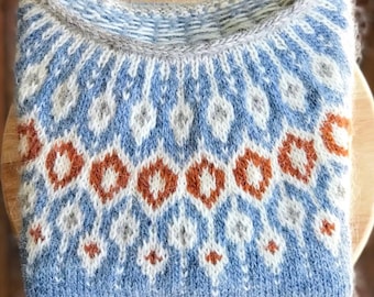 Icelandic Fair Isle Sweater Lopapeysa TELJA Air Blue Eco Wool Pullover Nordic Warm Lettlopi Jumper Scandinavian Hand knit  Norwegian Sweater