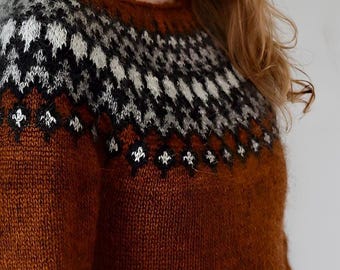 Icelandic Wool Sweater TREYSTA Womens Fair Isle Pullover Norwegian Nordic Lopapeysa Hand knit Lopi Scandinavian Norway Jumper Gift for Her