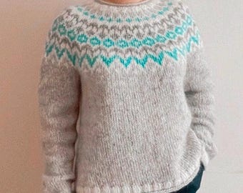 Womens Icelandic Sweater RIDDARI Light Grey Nordic Wool Pullover Hand Knit Norwegian Jumper Lopapeysa Fair Isle Custom Knit Lopi Sweater