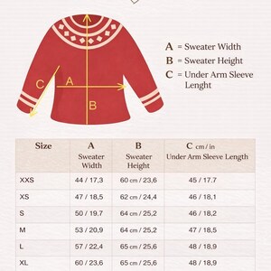 May include: An Icelandic Sweater Size Chart featuring a red sweater illustration with a geometric yoke pattern. The chart provides measurements in inches and centimeters for sizes XXS to XXL, labeling sweater width, height, and sleeve length.
