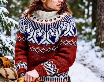 Heren Chunky Rendier IJslandse trui, handgebreide Alafosslopi wol Lopapeysa, Nordic Artisan coltrui, Scandinavische handgemaakte trui