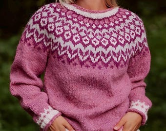 Pink Wool Icelandic Sweater RIDDARI Womens Iceland Nordic Jumper Scandinavian Lopi Lopapeysa Fair Isle Norwegian Sweater Gift for Her
