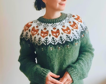 Icelandic Sweater FOX Womens Jumper Lyme Grass Green Nordic Wool Pullover Hand Knit Norwegian Fair Isle Lopapeysa Gift for Fox Lovers Gift