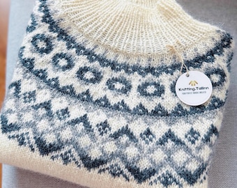 Icelandic Lettlopi Wool Sweater, Authentic White Hand Knit Nordic Lopapeysa, Scandinavian Fair Isle Jumper, Norwegian Style Lopi Pullover