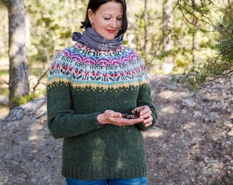Green Floral Icelandic Sweater GARDENER Norwegian Pure Wool Lopapeysa Nordic Fair Isle Pullover Norway Hand Knit Sweater Norwegian Gift