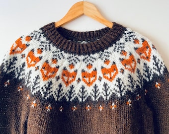 Womens Jumper FOX Icelandic Sweater Eco Wool Norwegian Dark Brown Nordic Pullover Hand Knit Norway Fair Isle Lopapeysa Gift for Fox Lovers