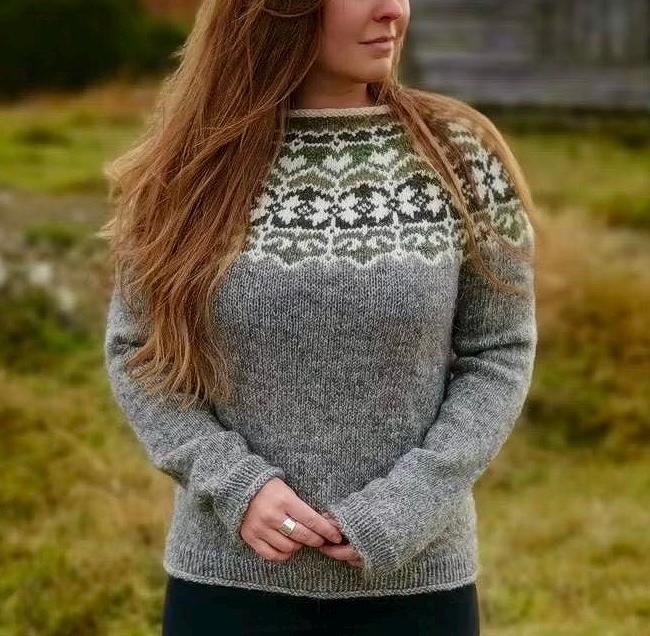 Womens Grey Icelandic Sweater ÄNGSBRIS Wool Fair Isle Lopi