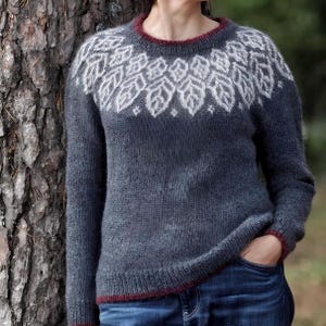 Womens Dark Grey Icelandic Sweater FOREST Fair Isle Lopi Eco Wool Pullover Nordic Lopapeysa Hand knit Scandinavian Jumper Norwegian Sweater