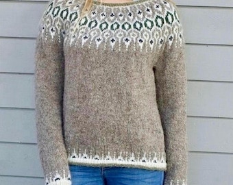 Icelandic Fair Isle Sweater TELJA Womens Beige Wool Pullover Norway Lopapeysa Scandinavian Nordic Hand knit Norwegian Jumper Gift for Her