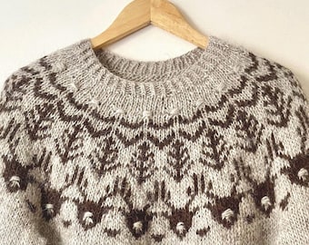 Christmas Icelandic Sweater MY DEER Scandinavian Reindeer Pure Wool Lopapeysa Deer Nordic Fair Isle Pullover Norway Hand Knit Sweater Gift