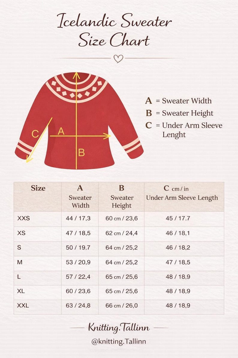 May include: An Icelandic Sweater Size Chart featuring a red sweater illustration with a geometric yoke pattern. The chart provides measurements in centimetres and inches for sizes XXS to XXL, labelling sweater width, height, and sleeve length.