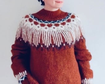 Cozy Hand Knit Icelandic Sweater - Size L, Nordic Fair Isle Style, Ready to Ship - Perfect for Skiing and Outdoor Adventures