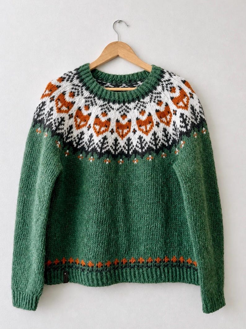 May include: A green long-sleeve sweater featuring a circular yoke with a repeating pattern of orange fox faces, white geometric shapes, and black pine tree motifs. The hem and cuffs are ribbed, and a small orange and black border accents the bottom.
