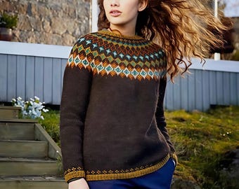 Nordic Sweater DJÁSN Autumn Fair Isle Icelandic Lopapeysa Norwegian Lettlopi Eco Wool Pullover Norway Hand Knit Scandinavian Fall Sweater