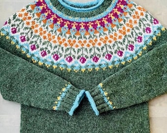 Green Floral Sweater BOTANICAL Icelandic Wool Lopapeysa Nordic Lopi Fair Isle Pullover Norway Hand Knit Scandinavian Jumper Norwegian Gift