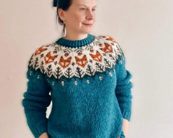 Lagoon Green FOX Icelandic Sweater Eco Wool Nordic Womens Jumper Hand Knit Norway Fair Isle Lopapeysa, Gift for Fox Lovers Anniversary Gift