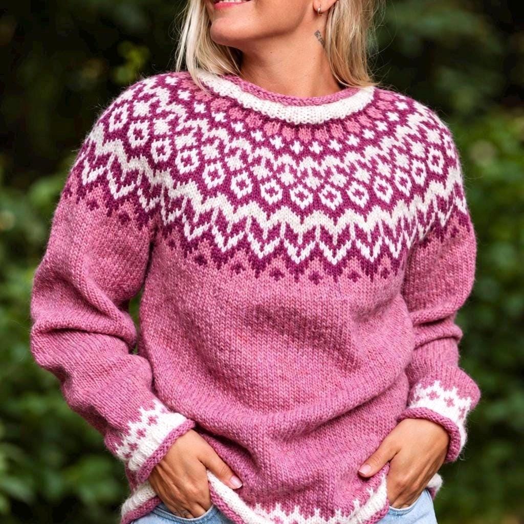 Pink Riddari Icelandic Wool Sweater, Hand Knit Lettlopi Women's