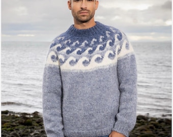 Visser IJslandse Alafosslopi-wollen dikke trui voor heren, golfpatroon Lopapeysa, Scandinavische handgebreide Scandinavische trui