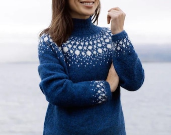 Blue Icelandic Lopapeysa SNOWFALL Womens Turtleneck Nordic Eco Wool Sweater Scandinavian Hand Knit Iceland Pullover Norway Gift Lopi Jumper