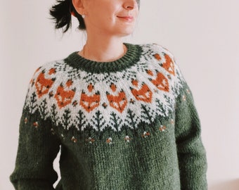 FOX Icelandic Sweater Lopi Pine Green Wool Nordic Hand knit Fair Isle Pullover Forest Outdoor Jumper Gift for Fox Lovers-Made to Order